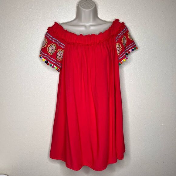 Entro Off Shoulder Pom Pom Embroidered Boho Peasant Tunic Red Orange Women Med - Picture 11 of 11